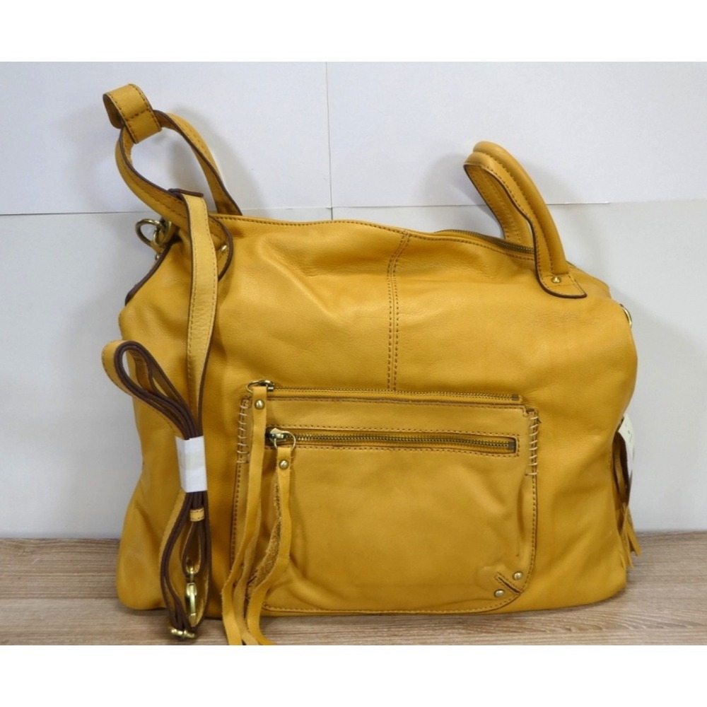 Lucky Brand Yellow 2 handle Satchel Crossbody Bag Purse Soft Leather Tassels